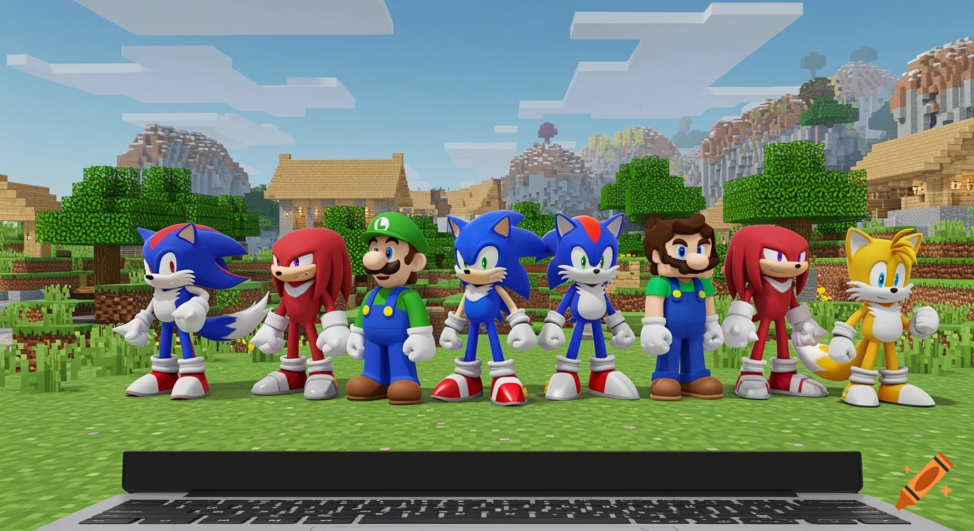 Sonic, Tails, Shadow, Knuckles, Mario, and Luigi stand in a Minecraft village landscape with a laptop keyboard in the foreground.