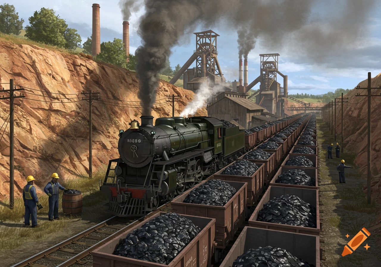 Steam train hauling coal cars away from a colliery with workers and industrial buildings.