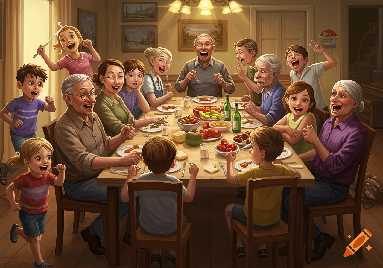 Large, lively multi-generational family eating dinner together around a table.