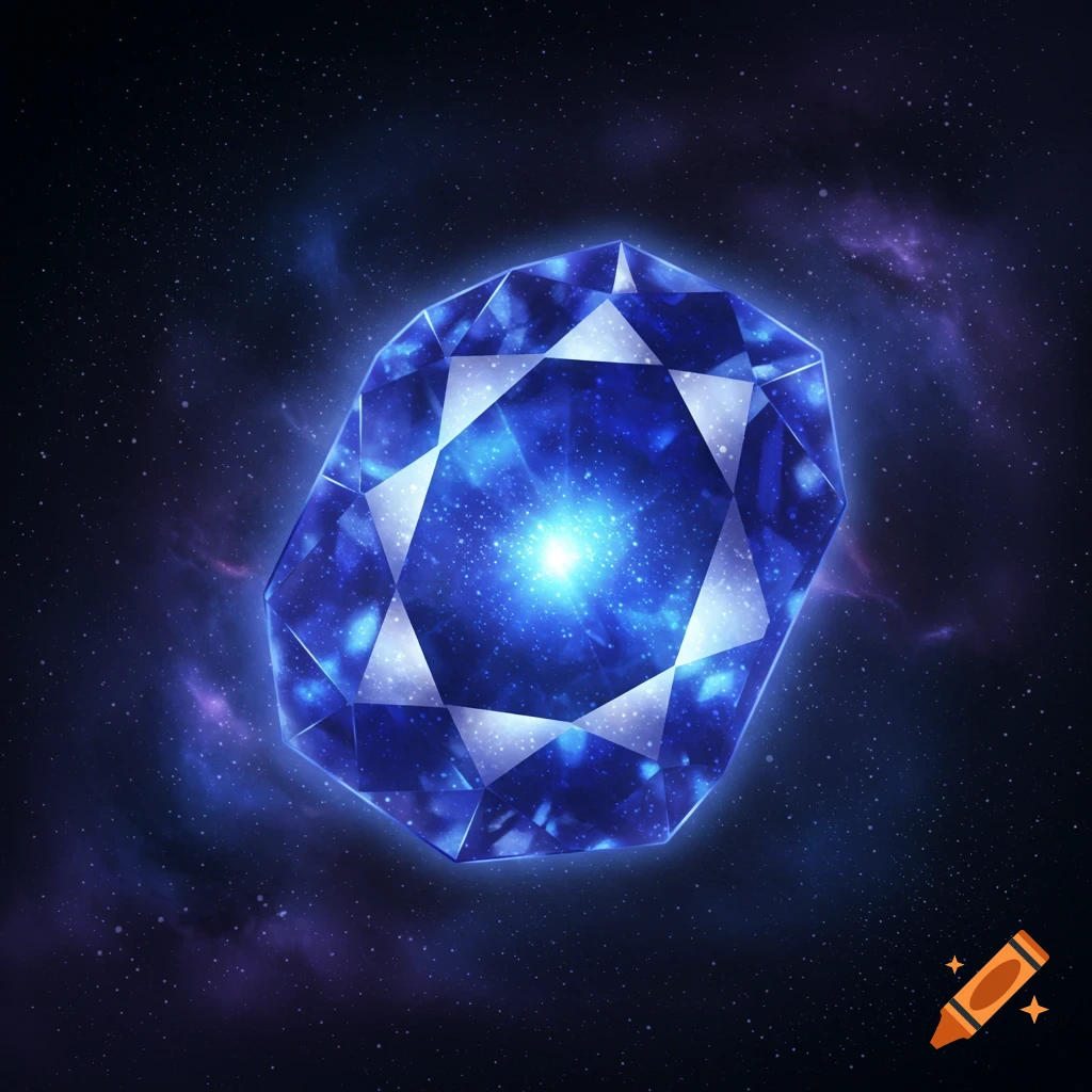 Blue gemstone illuminated from within, floating in space.