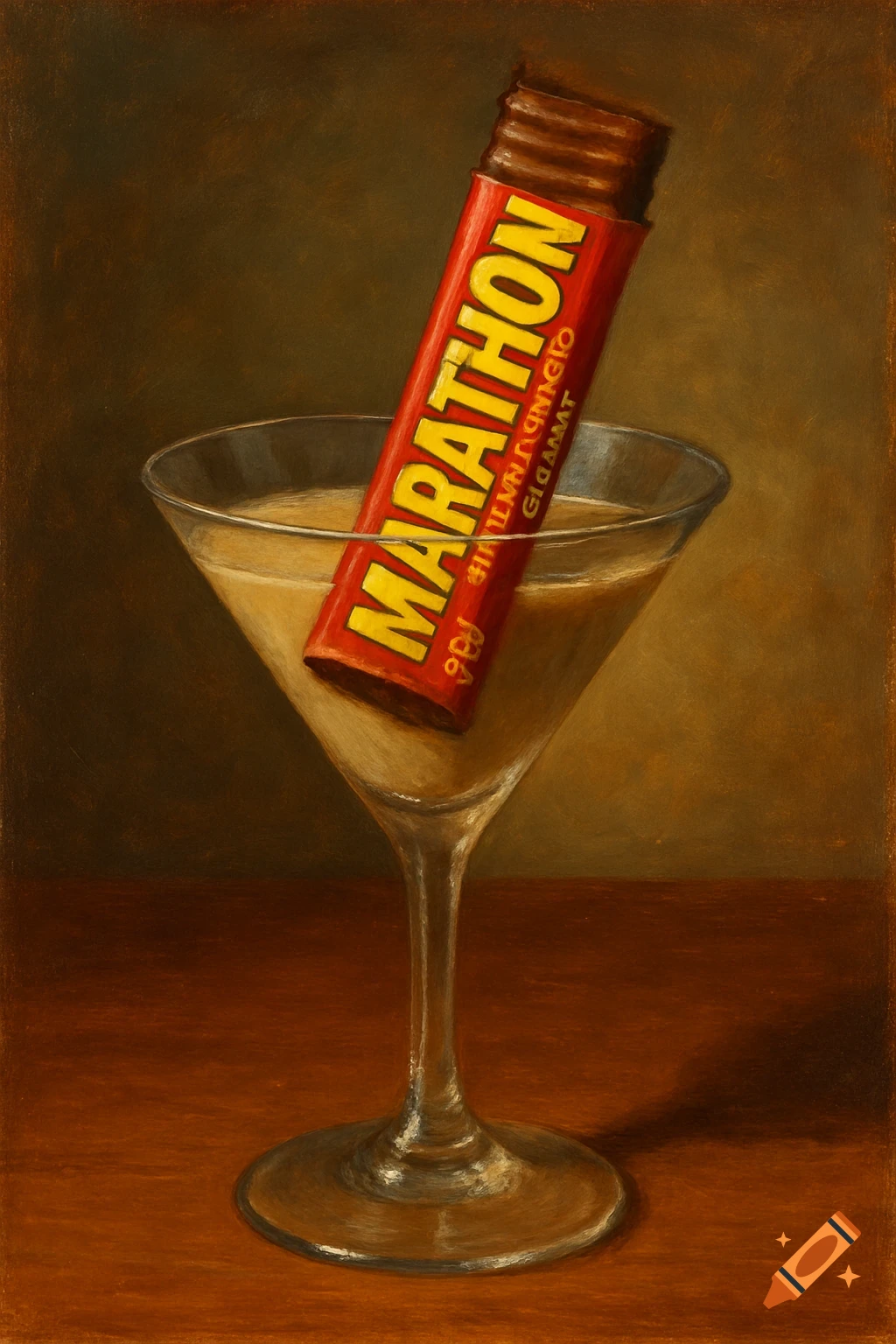 A Marathon candy bar sits in a martini glass, rendered in a painting style.