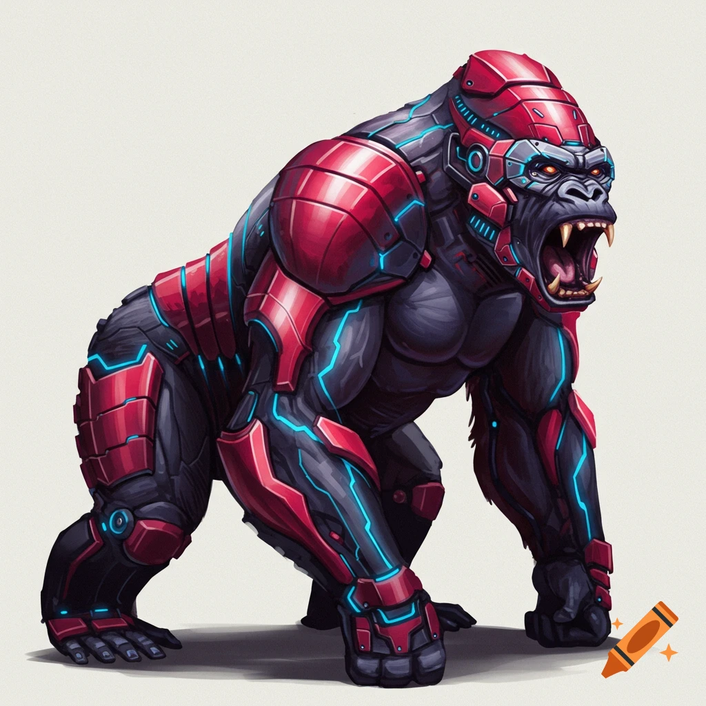 Cybernetic gorilla in red and black armor with blue glowing lines