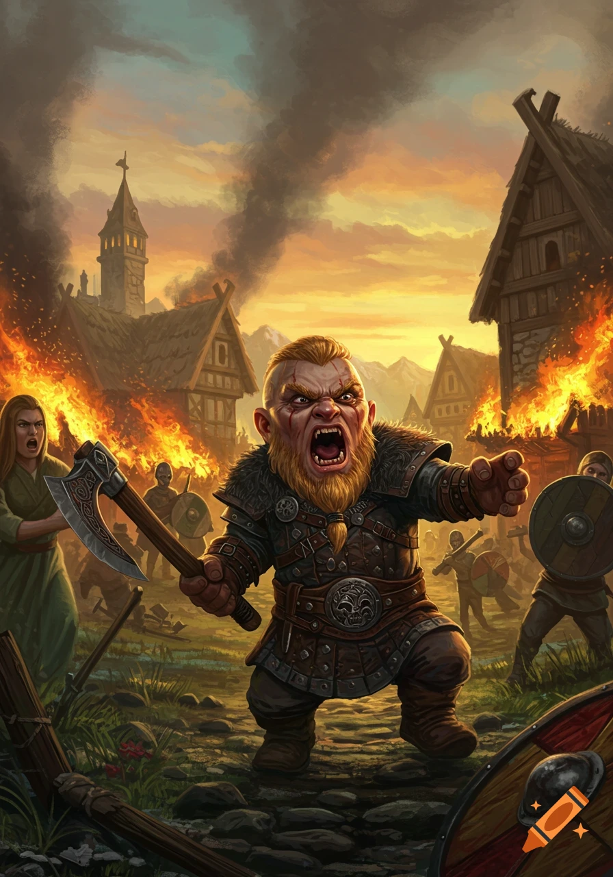 Dwarf warrior with axe yells in front of burning Viking village at sunset. Fantasy art.