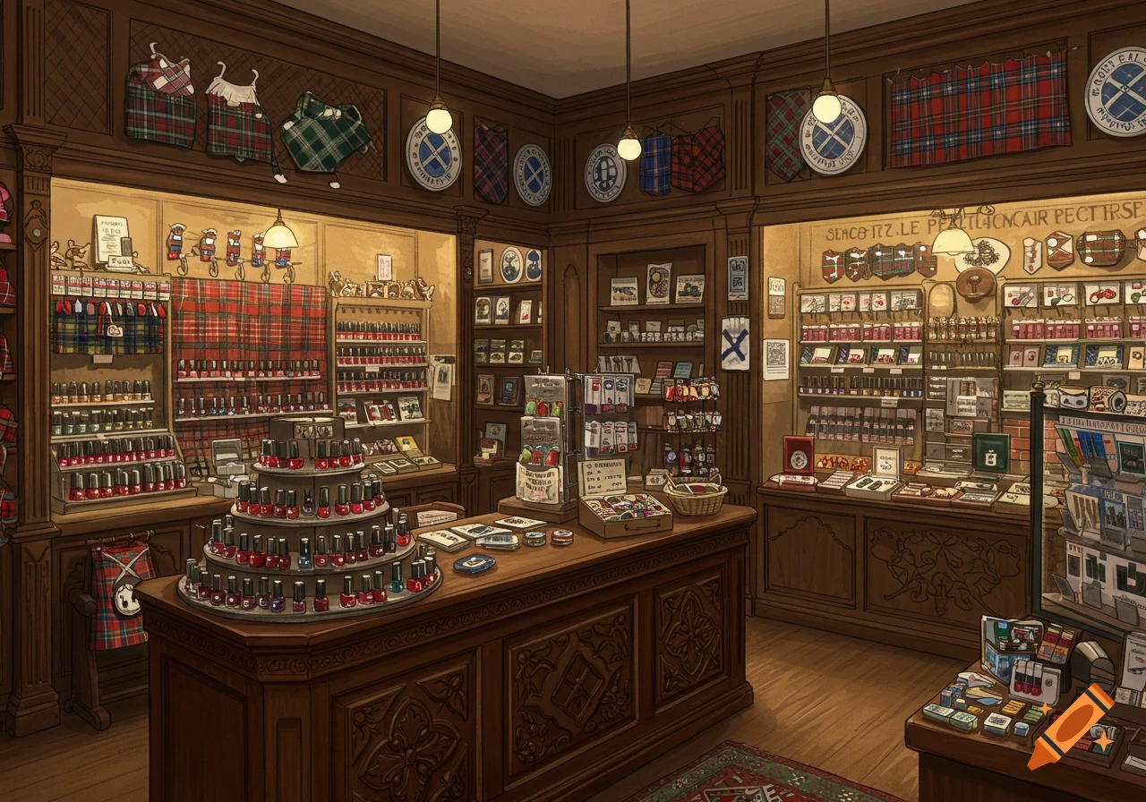 Illustrated interior of a Scottish souvenir shop with tartan items and a large display of small red bottles on the counter.