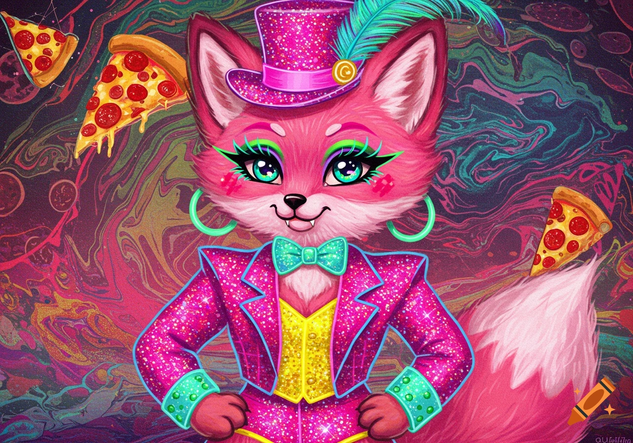 A pink cartoon fox in a sparkly ringleader suit floats with pizza slices against a colorful swirl background.