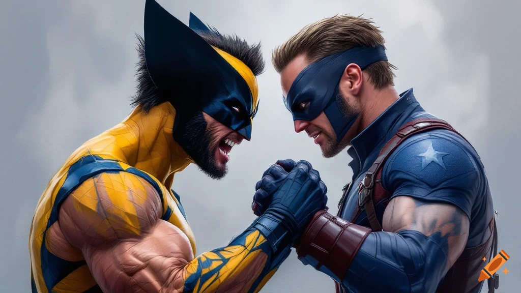 Two superheroes, Wolverine and Captain America, arm wrestle intensely.