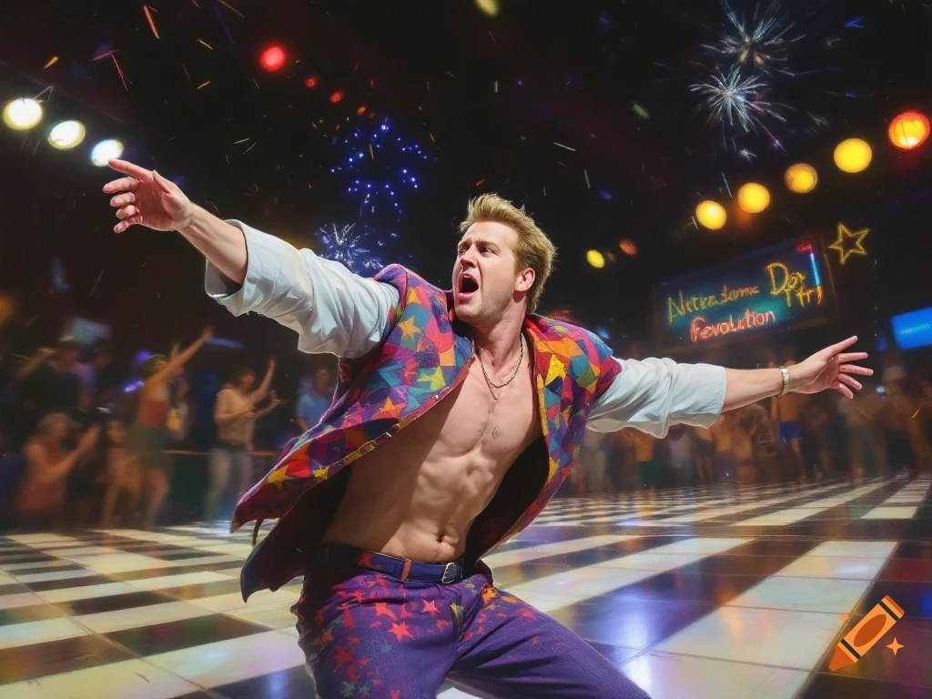 A man in a colorful patterned jacket and pants dances on a checkered disco floor under bright lights.