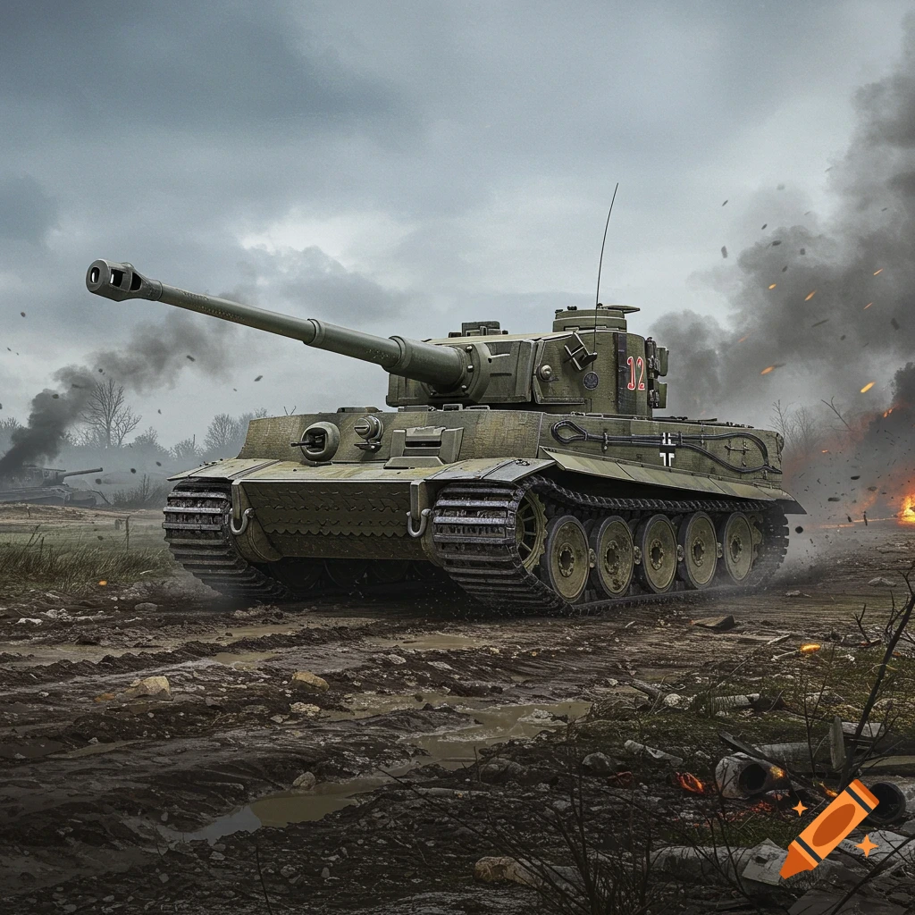German Tiger I tank on a muddy battlefield with smoke