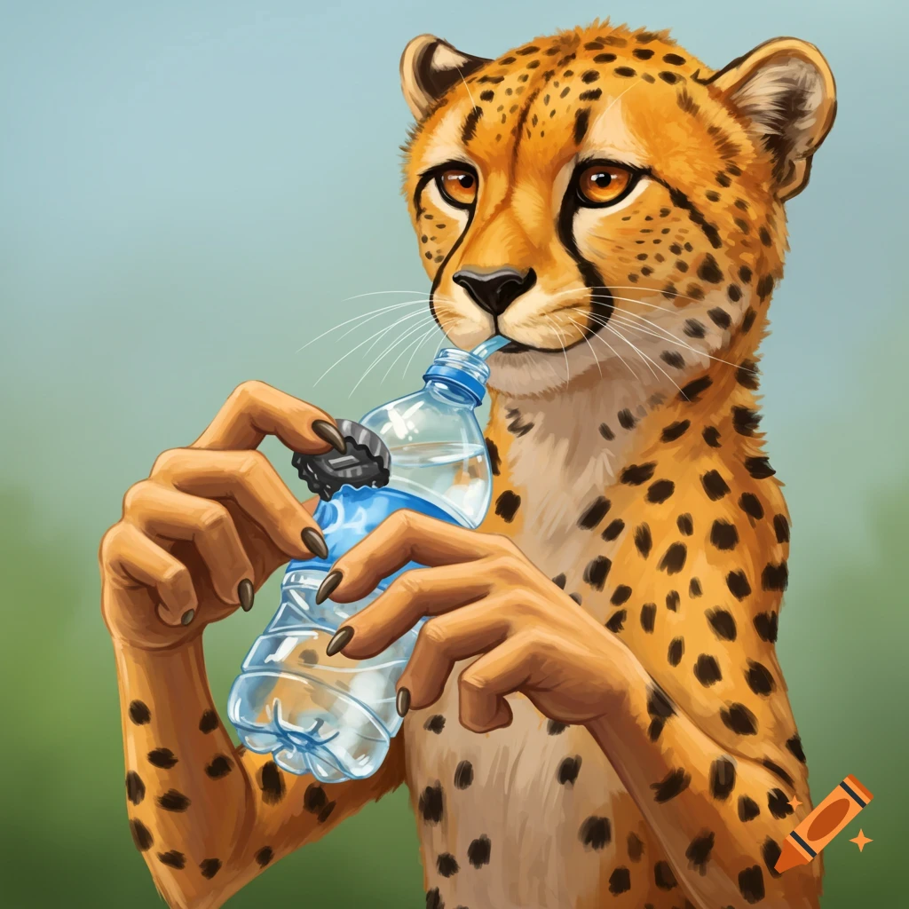 An anthropomorphic cheetah holds a plastic water bottle with human-like hands.