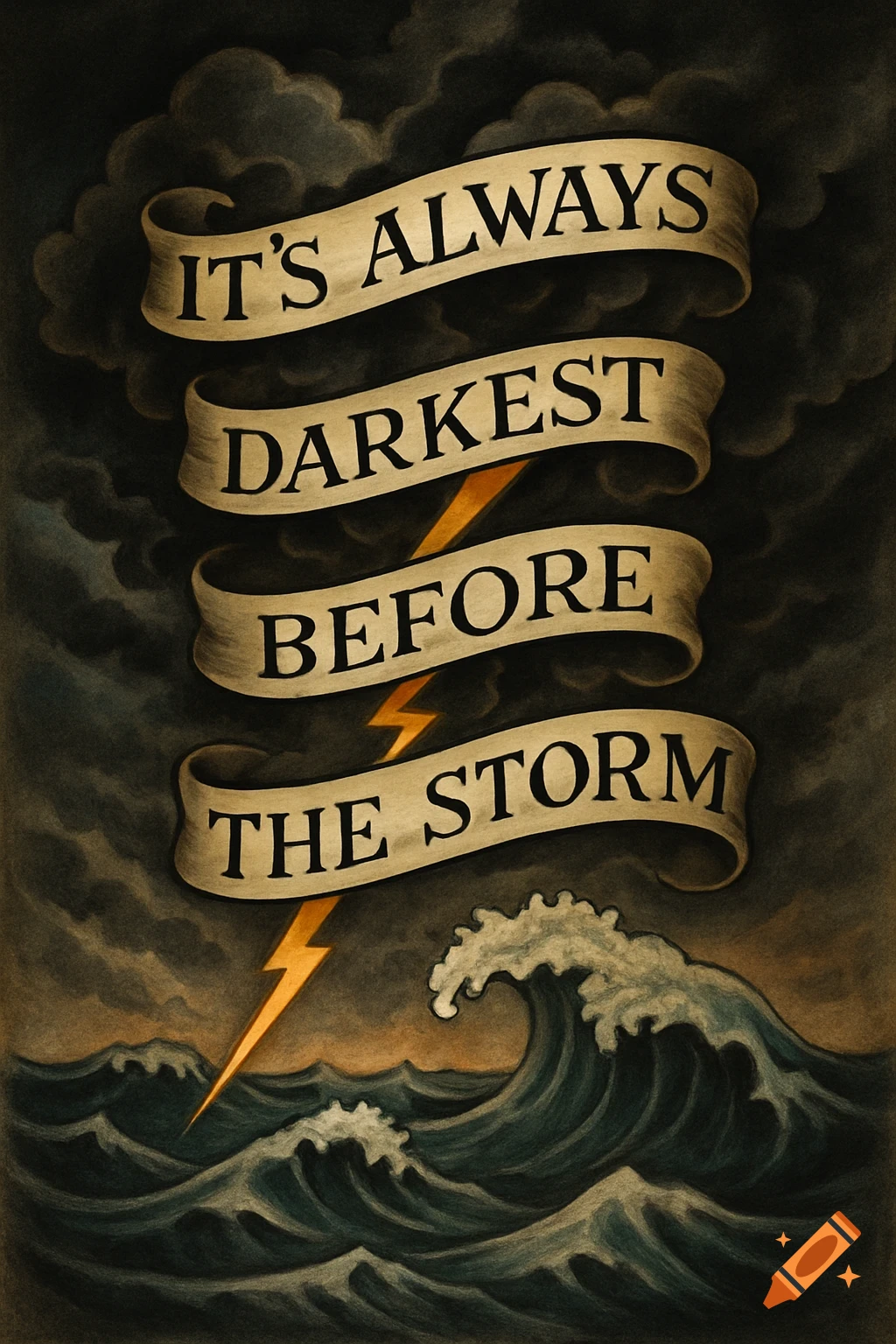 Illustration of a stormy sea with dark clouds, lightning, and a banner reading 'IT'S ALWAYS DARKEST BEFORE THE STORM'.