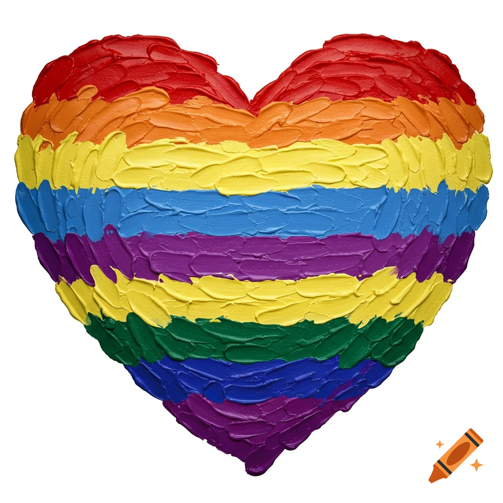 Heart made of thick rainbow paint strokes on a white background