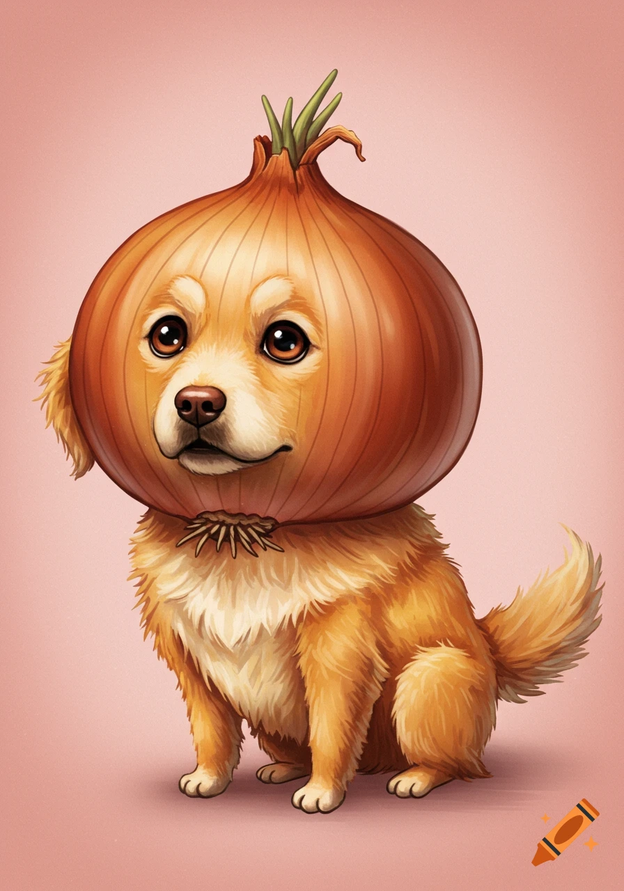 Cute dog wearing an onion on its head, digital illustration.