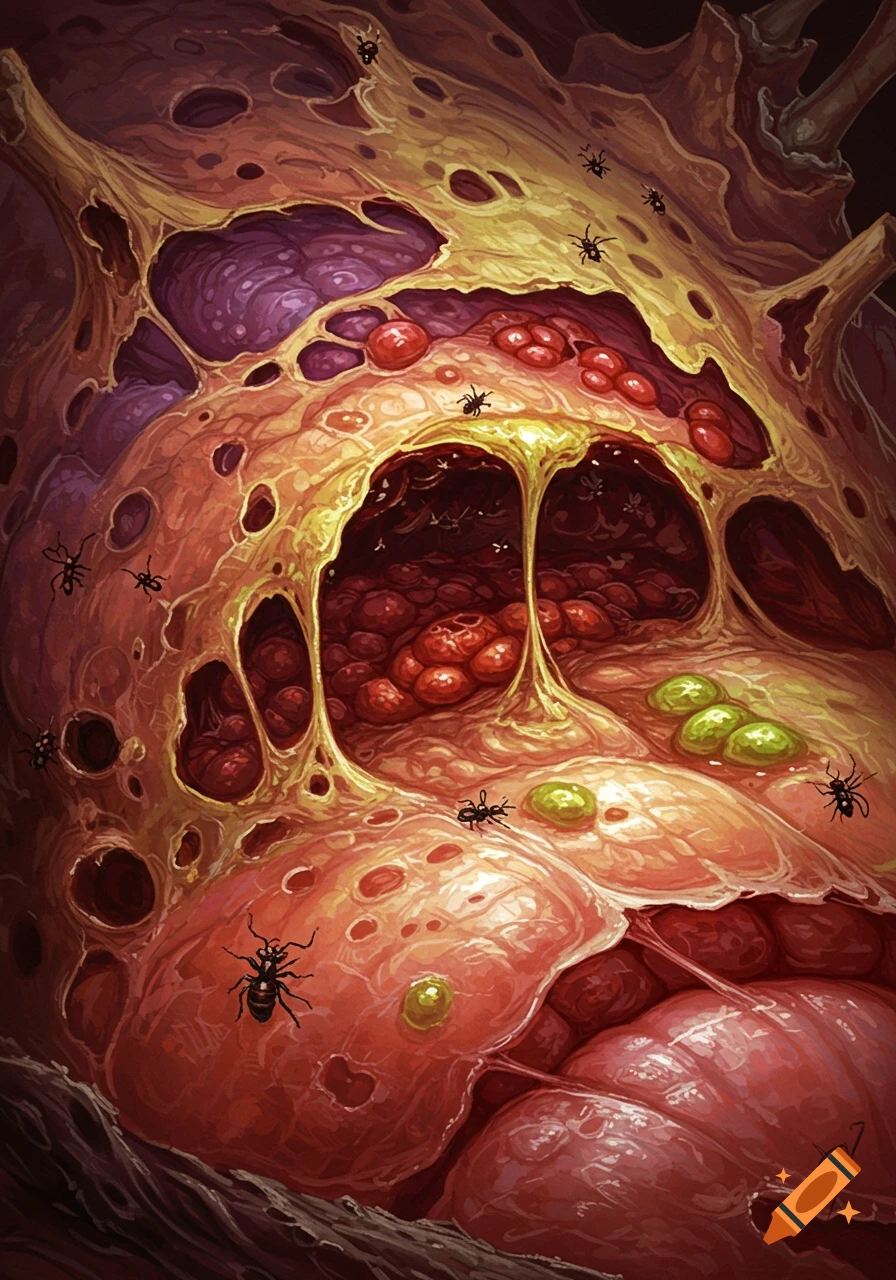 Close-up illustration of decaying flesh with holes, liquid, and ants crawling on it