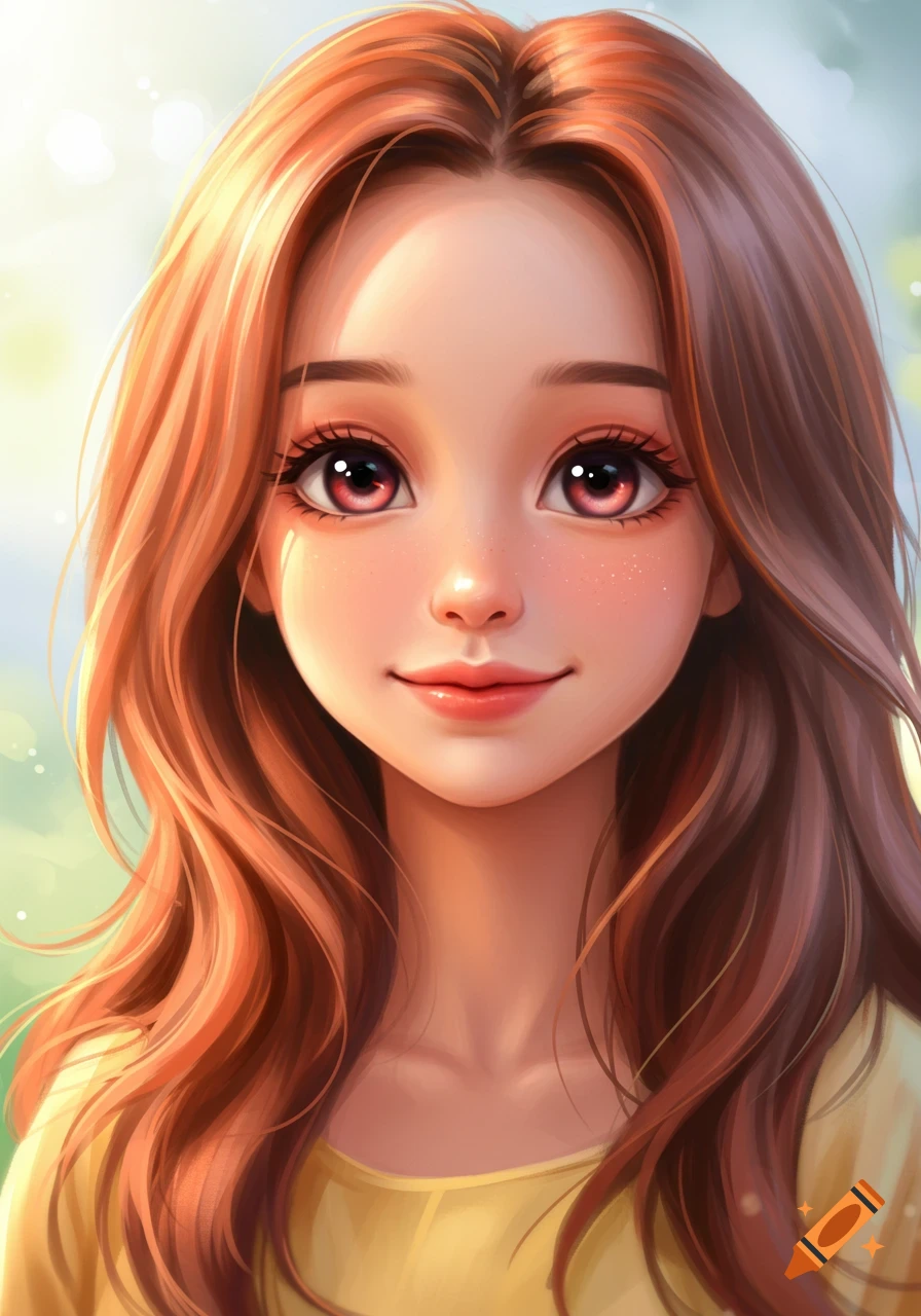 A cute anime-style portrait of a girl with long reddish-brown hair and large eyes, smiling.
