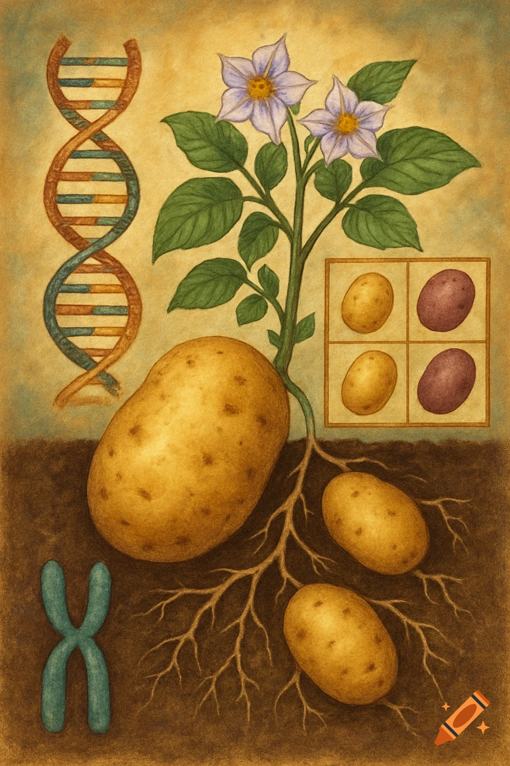 Illustration of potato genetics showing plant, DNA, chromosome, and tubers in soil.
