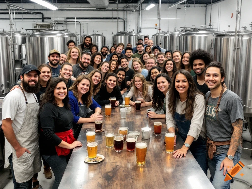 A diverse group of people smiling around a table with glasses of beer in a brewery with large stainless steel tanks.