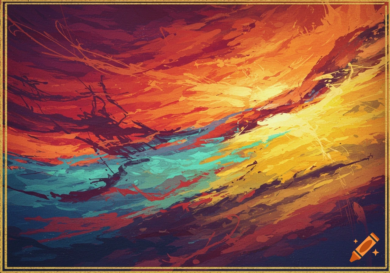 Abstract painting with vibrant orange, red, yellow, and teal brushstrokes.