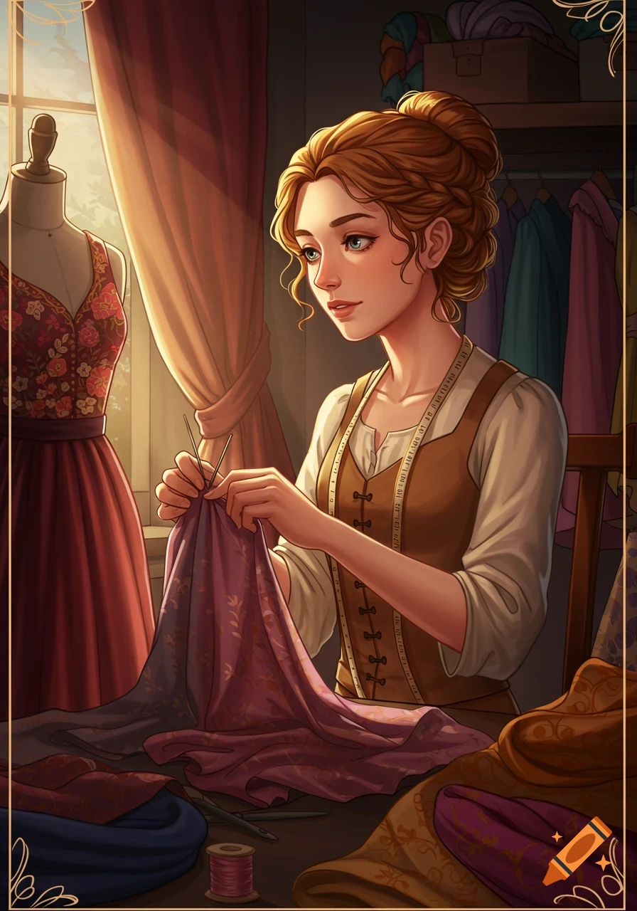 An illustration of a woman sewing fabric in a sunlit room with a mannequin and clothes rack.