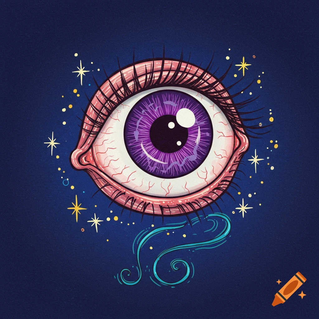 Illustration of a magical eye with a swirling purple iris and sparkles.