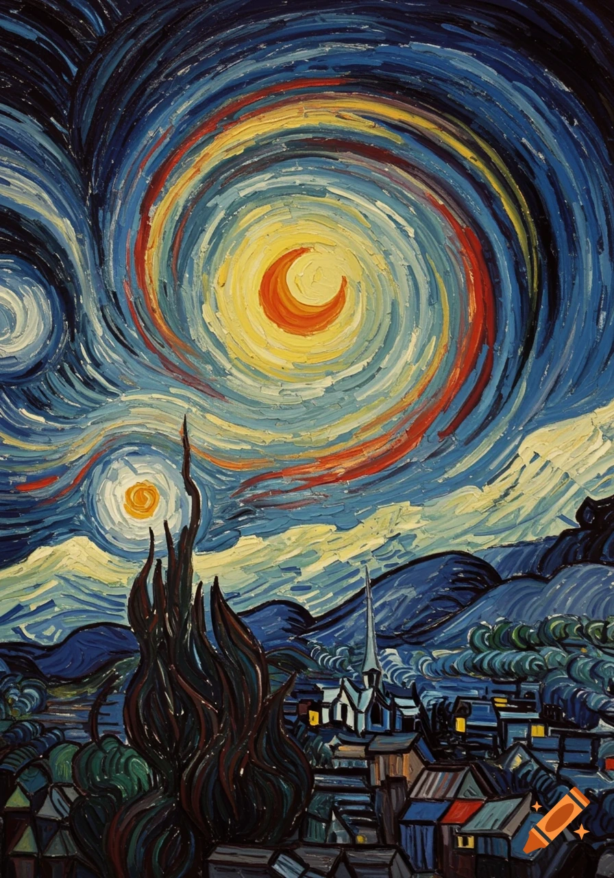 Painting in Van Gogh style with swirling blue and yellow night sky, stars, crescent moon over a town, mountains, and foreground cypress tree.