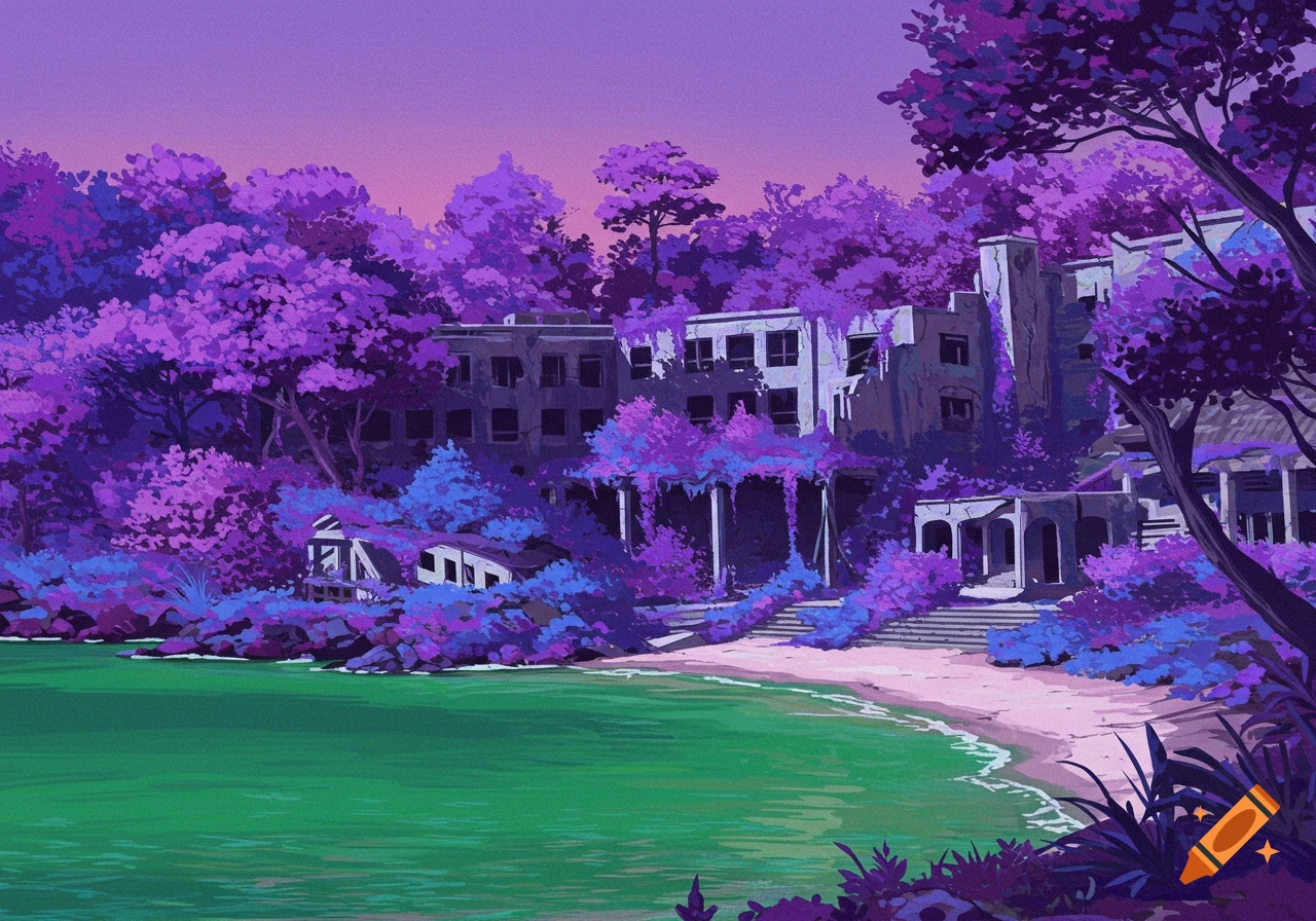 Ruined beach resort covered in purple vegetation, green water, violet sky.