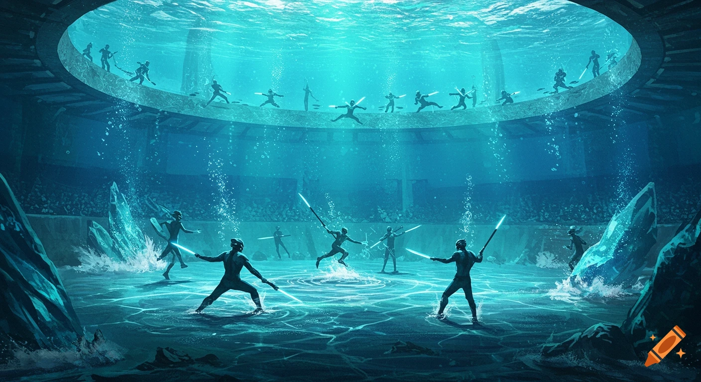 Figures train or fight with glowing weapons in a vast underwater arena with spectators visible above.