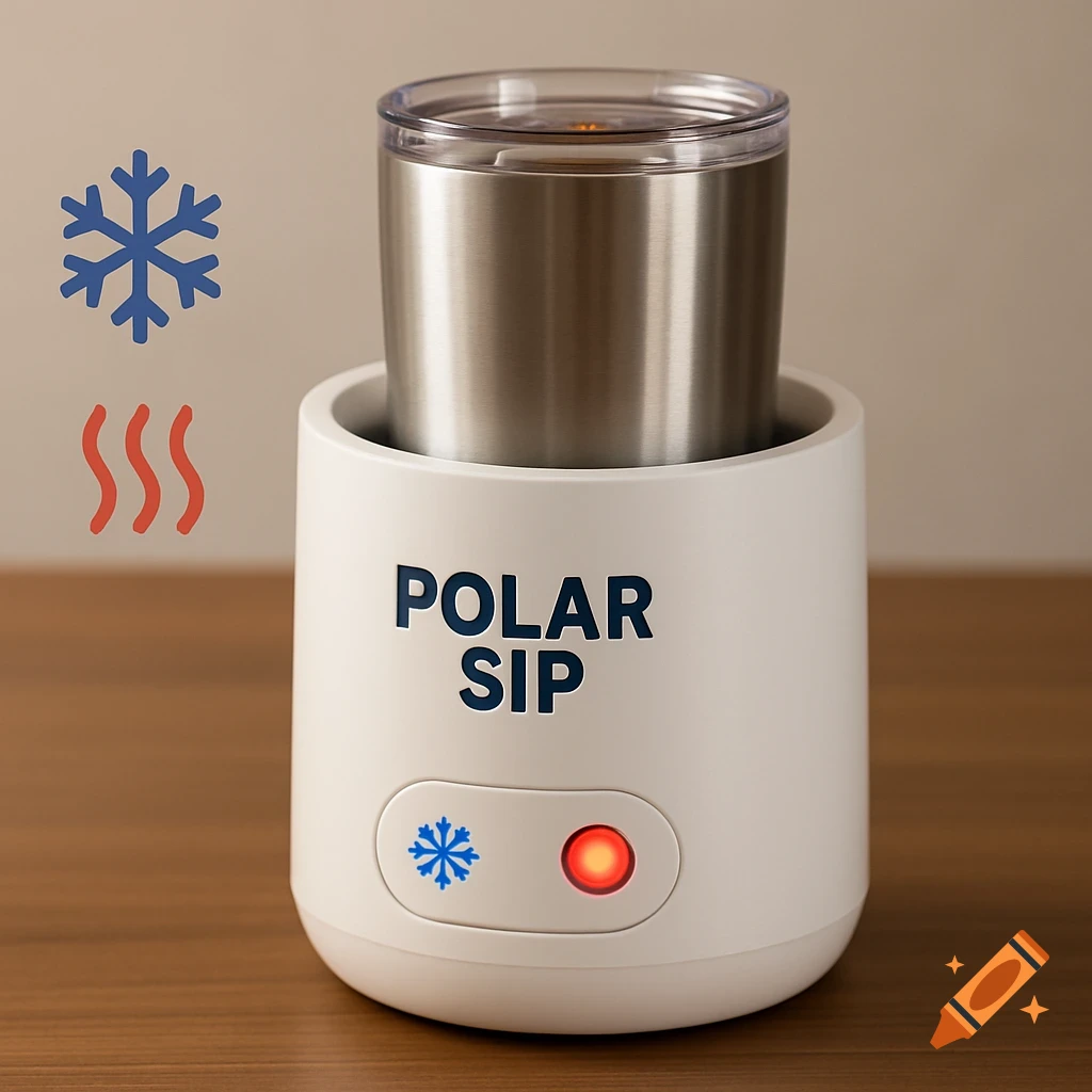 White 'Polar Sip' cup holder with stainless steel tumbler, showing cool and heat symbols