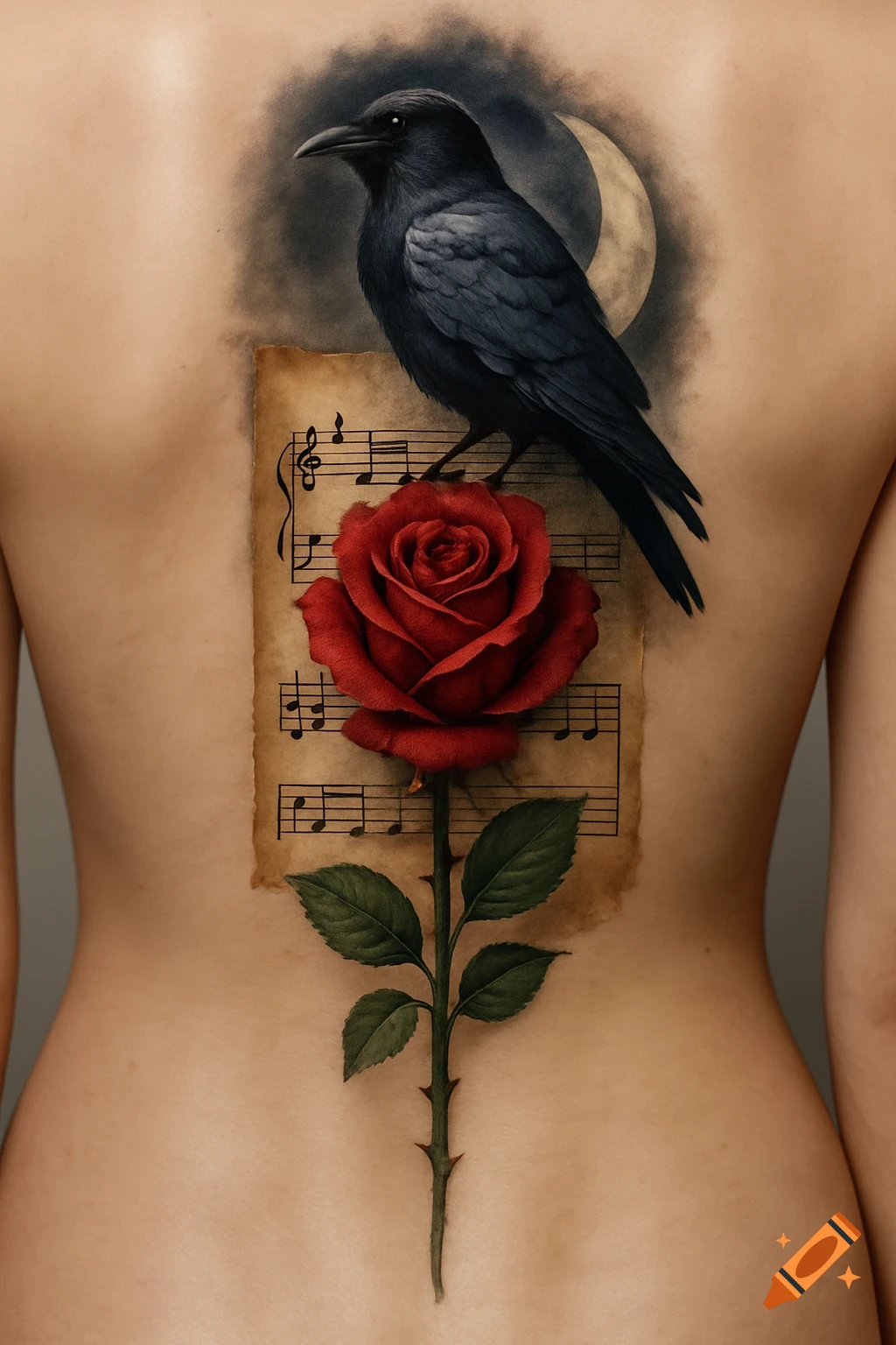 Tattoo of a raven perched on a red rose and music sheet with a moon on a person's back.
