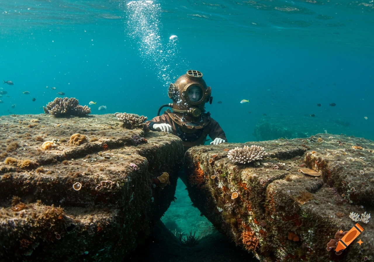 A person in a vintage deep-sea diving suit looks over underwater rocks with coral and fish.