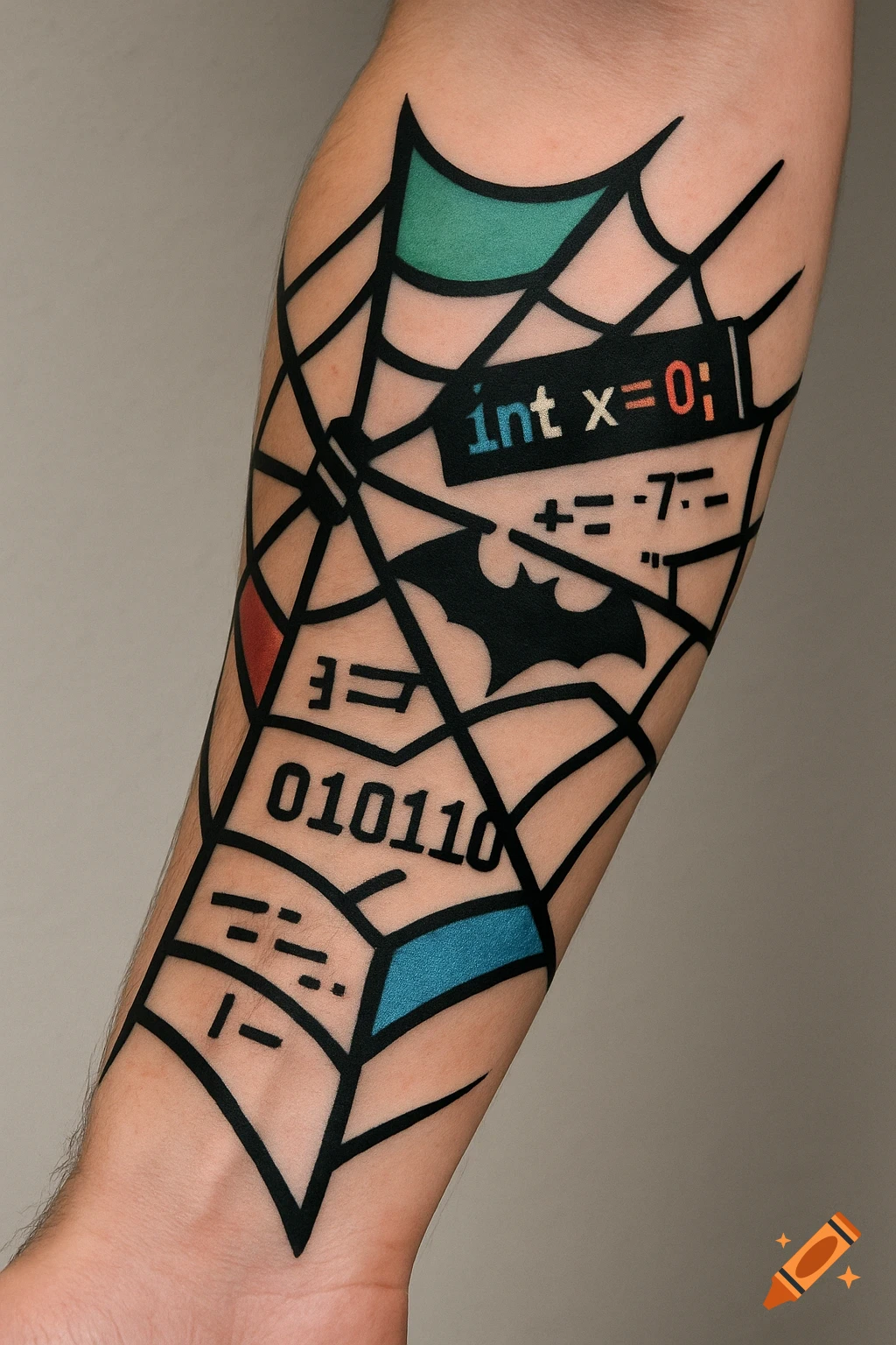 Forearm tattoo with spider web, code, binary, and hidden Batman logo