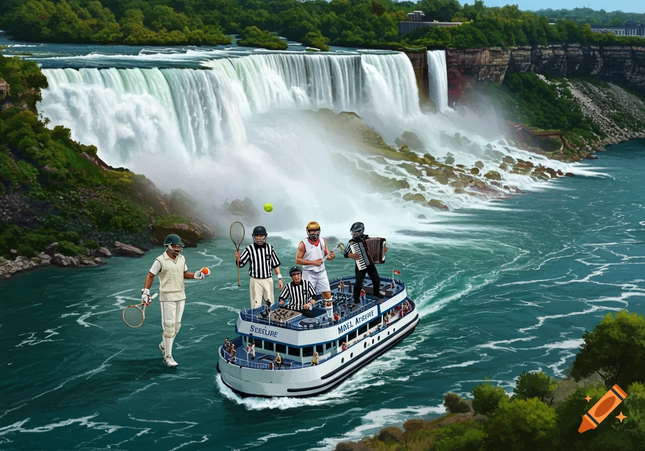 A boat on water in front of Niagara Falls carries a group including a cricket player, tennis player, lacrosse referee, accordionist, and DJ.