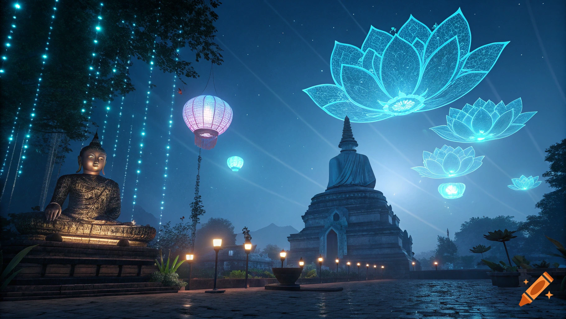 A Buddha statue and temple at night with glowing lanterns, strings of lights, and floating luminous lotus flowers.