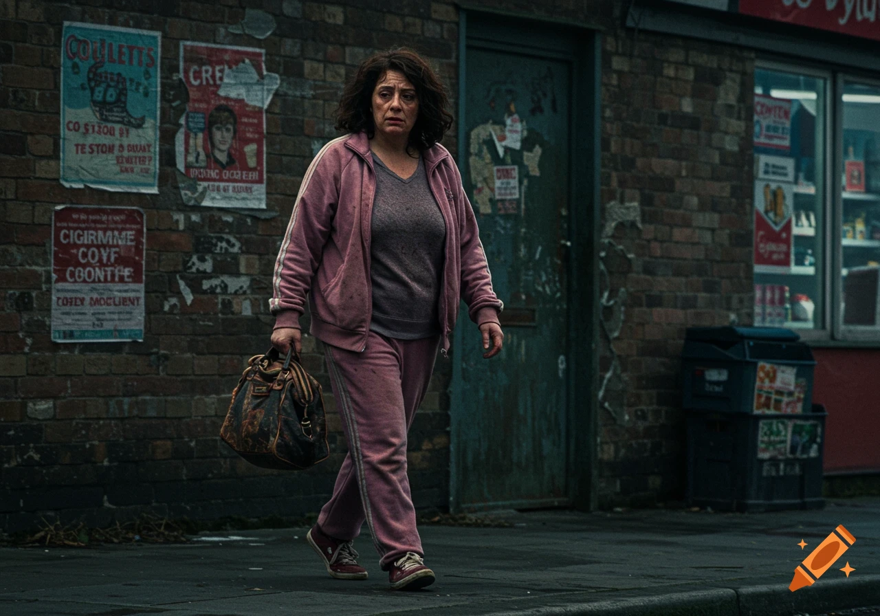 Woman in a pink tracksuit walks down a street past a brick building with posters and a shop window, carrying a bag. Photorealistic style.