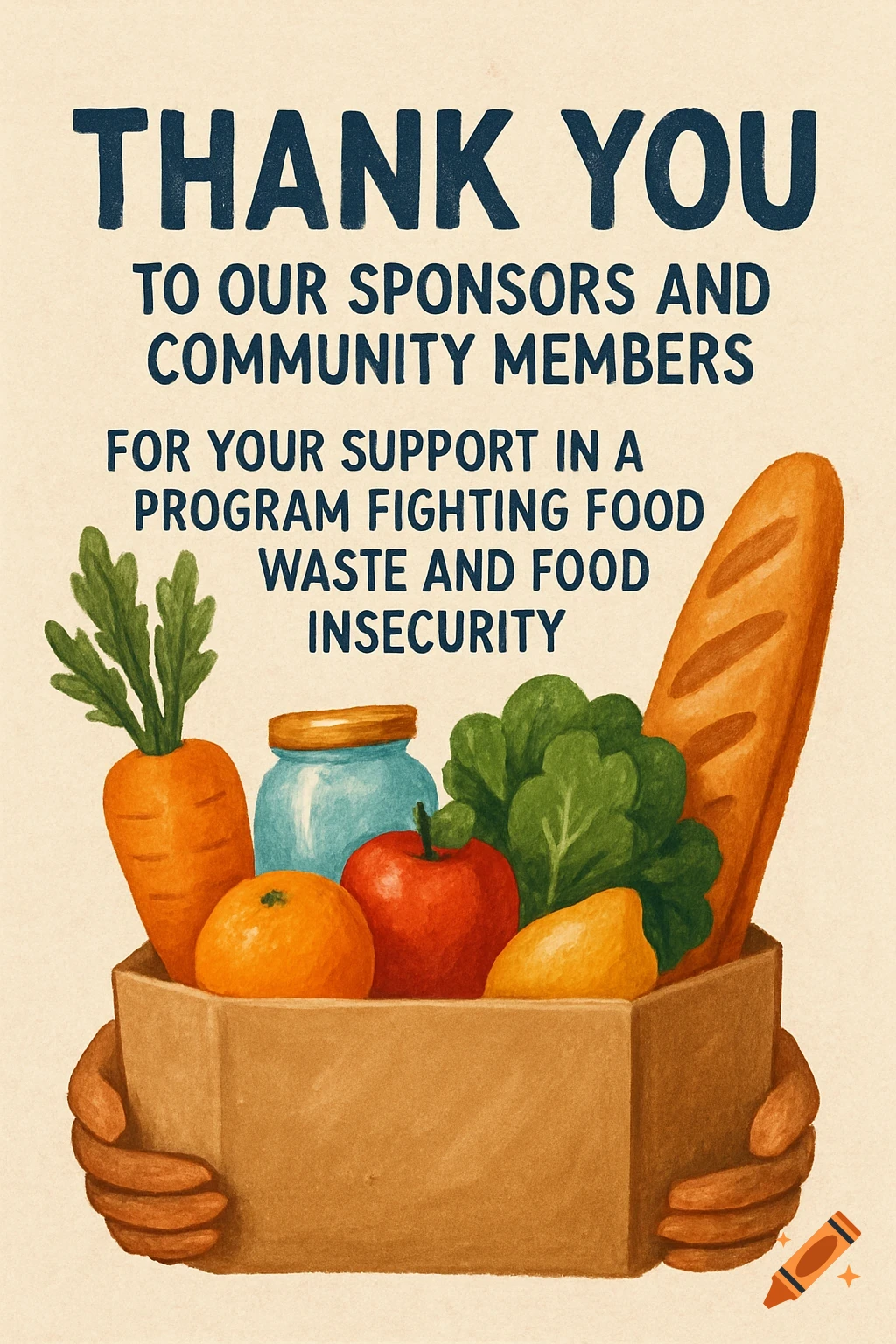 Illustration of hands holding a box filled with food items and text saying "THANK YOU" and describing support for fighting food waste.