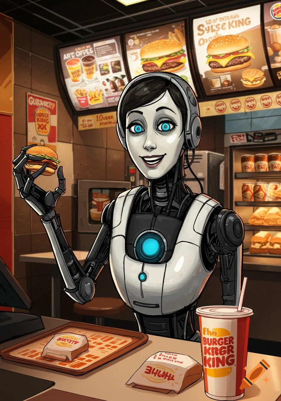 Robot resembling GLaDOS holding a hamburger in a fast food restaurant.