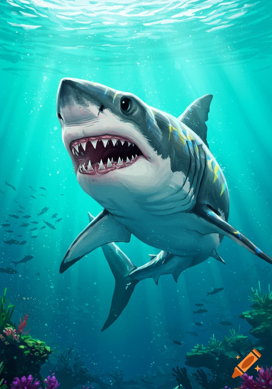An illustration of a great white shark with its mouth open, swimming underwater with sun rays shining through.