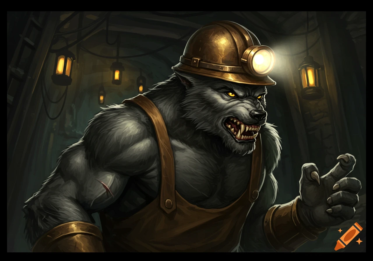 Muscular werewolf in a miner's helmet and suspenders in a dark mine.
