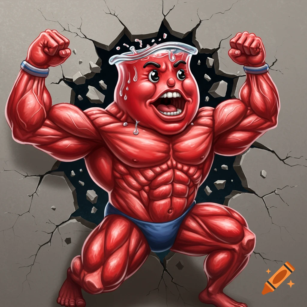 Muscular Kool-Aid Man bursting through a wall, flexing.