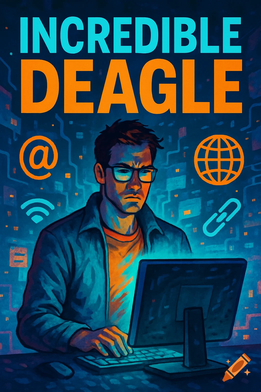 A man works at a computer in a dark room with glowing digital circuits, text says Incredible Deagle.