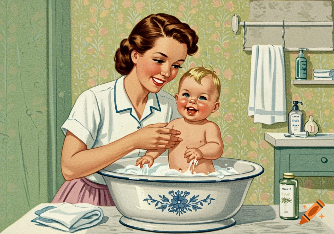 1950s-style illustration of a mother bathing her smiling baby in a vintage basin.