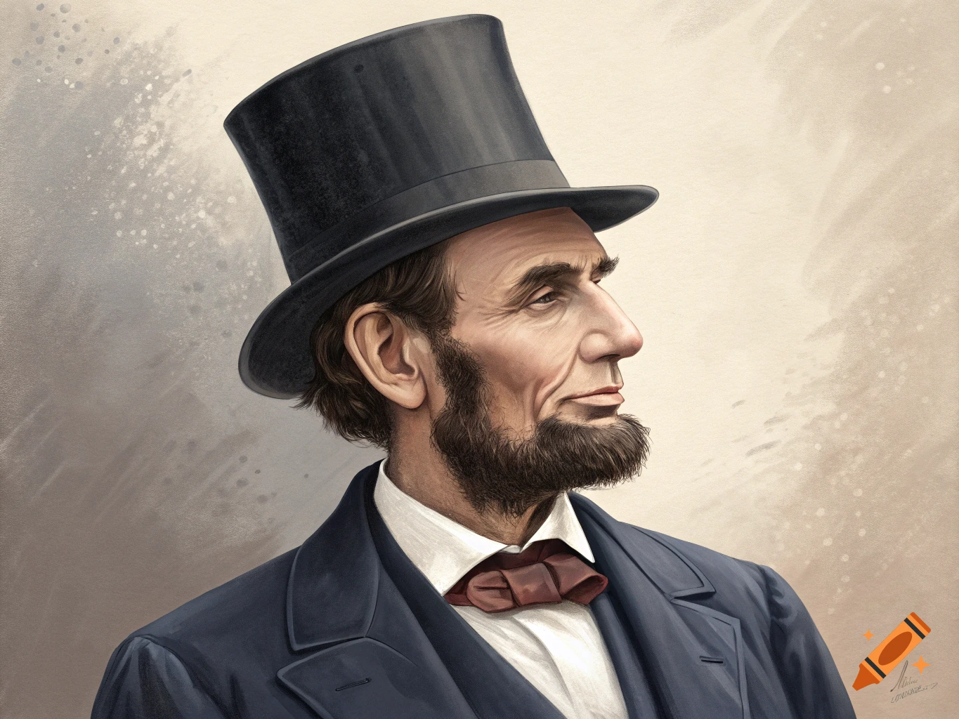 Painting of Abraham Lincoln wearing a top hat and suit.
