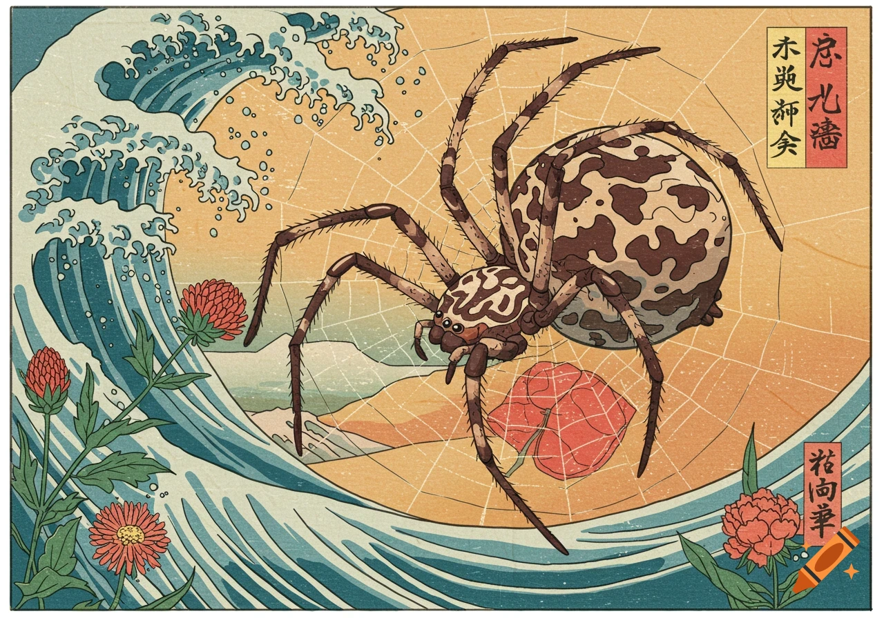 Ukiyo-e style print of a spider on a web over a large wave and flowers.