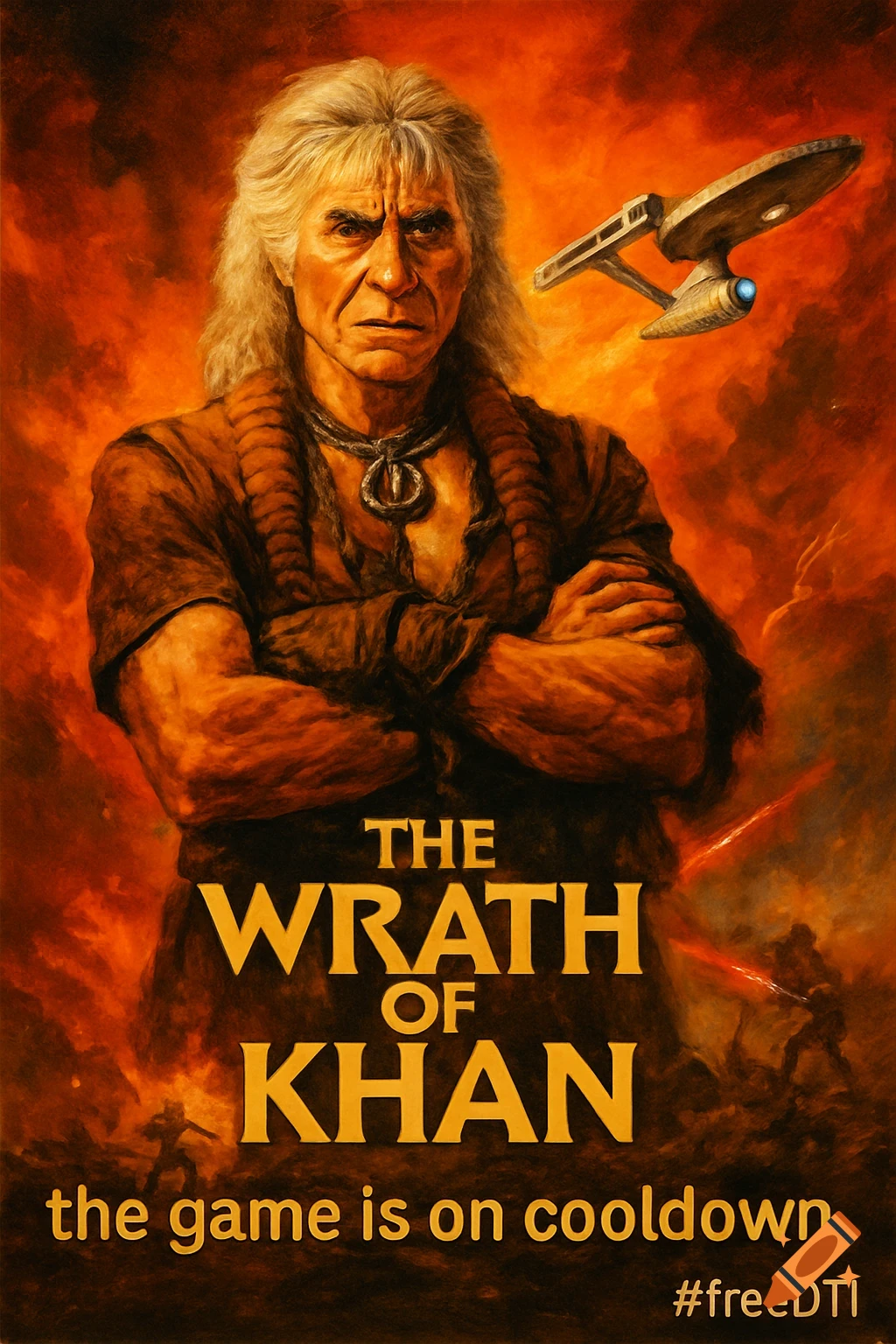A painted style poster of Khan from Star Trek with the Enterprise, text "THE WRATH OF KHAN the game is on cooldown #freeDTI"