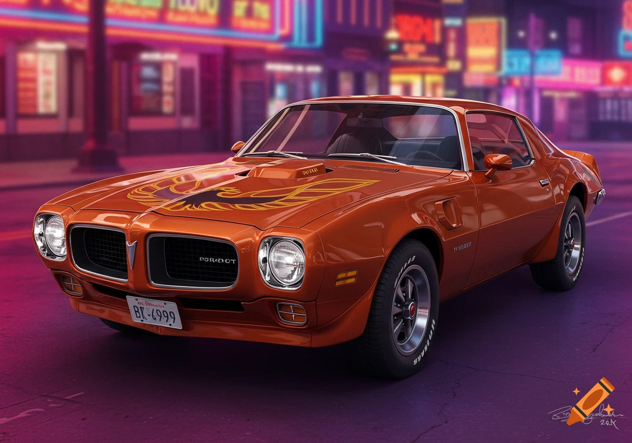 Orange 1970s Pontiac Firebird Trans Am parked on a street at night with blurred neon lights in the background.