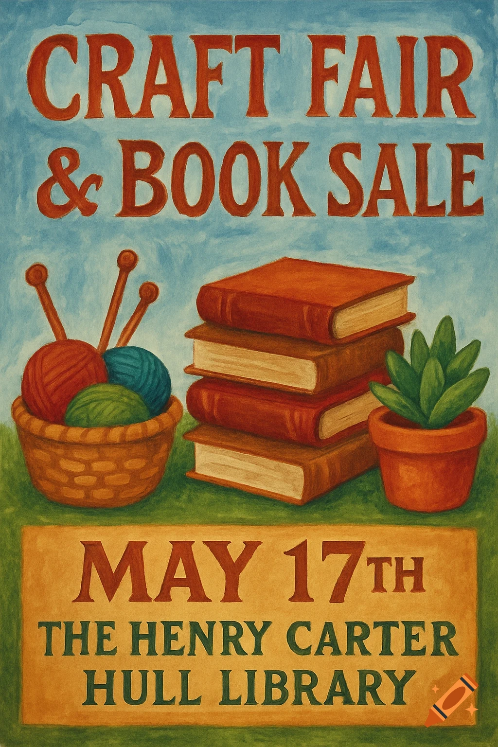 Painted poster for a craft fair and book sale, featuring books, yarn, knitting needles, and a plant. Text reads 'CRAFT FAIR & BOOK SALE MAY 17TH THE HENRY CARTER HULL LIBRARY'