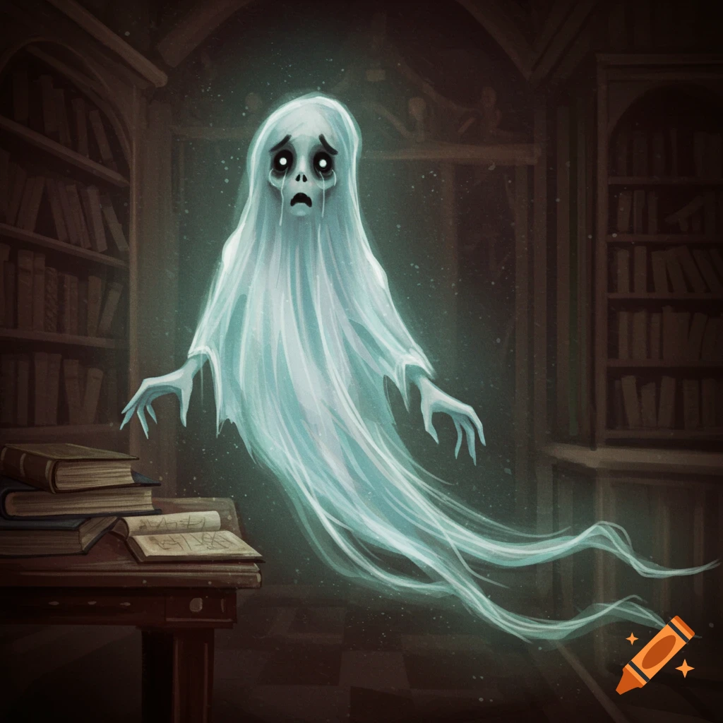 A sad ghost floats above a desk with books in a dark library.