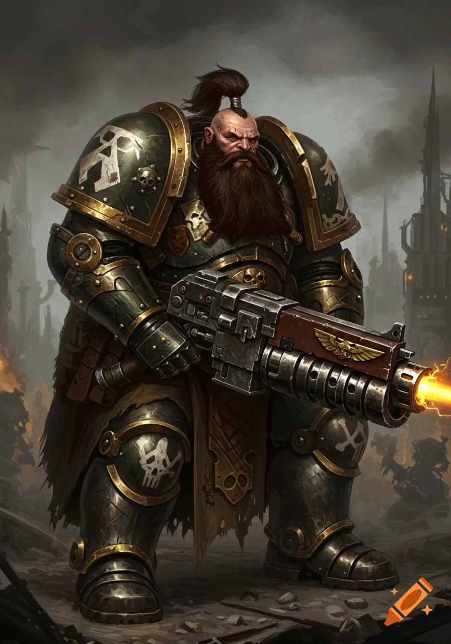 Heavily armored bearded soldier with a large gun in a ruined city, Warhammer 40k style