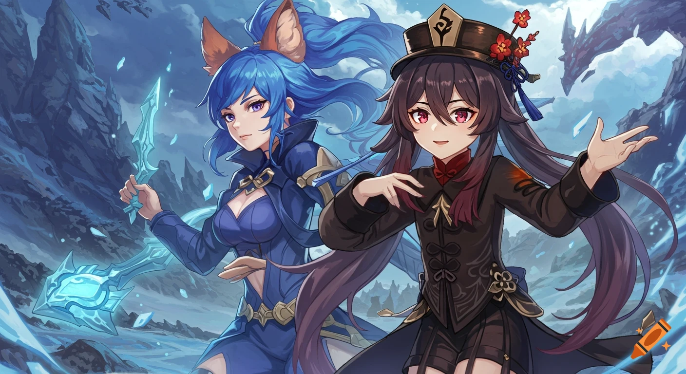 Two anime characters in a snowy landscape with a dragon. One with blue hair and fox ears holds a weapon, the other has dark hair and a hat.