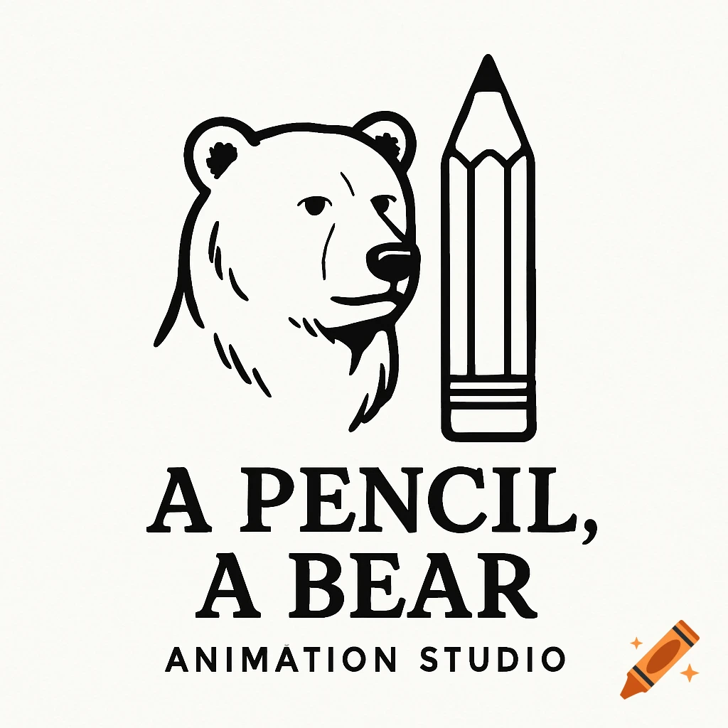 Black and white logo with a bear's head, a pencil, and text 'A PENCIL, A BEAR ANIMATION STUDIO'.