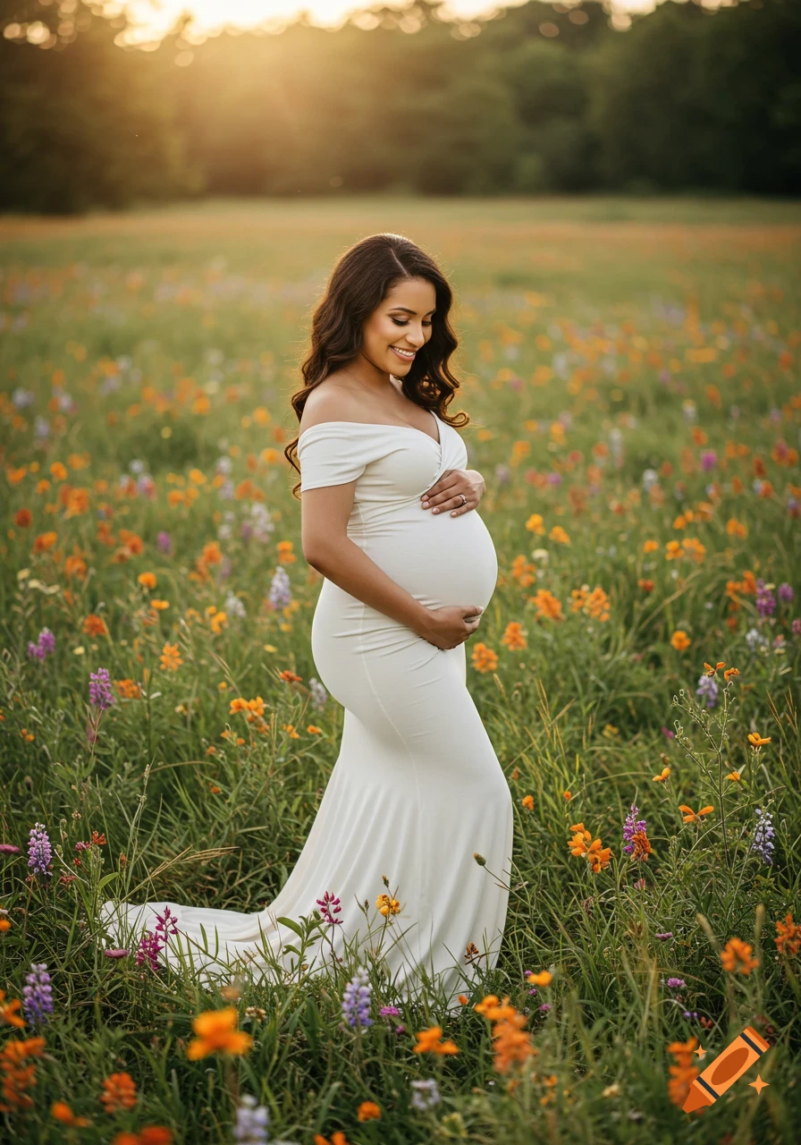 Pregnant woman in white dress standing in a field of wildflowers at sunset.